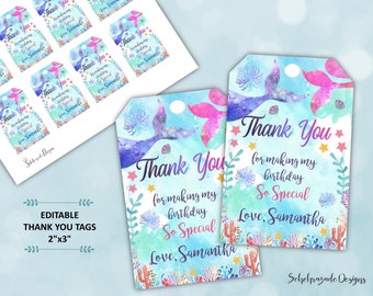 Puede incluir: Etiquetas de regalo rectangulares de papel con un diseño de acuarela de cola de sirena, coral y estrellas de mar. El texto dice Thank You for making my birthday So Special Love, Samantha. Las etiquetas miden 5,08 cm por 7,62 cm.