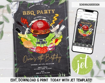Editable BBQ Birthday Invitation, Barbecue Invitation, Cookout Party Invite, Summer BBQ Party Invitation, Instant Download, Digital File