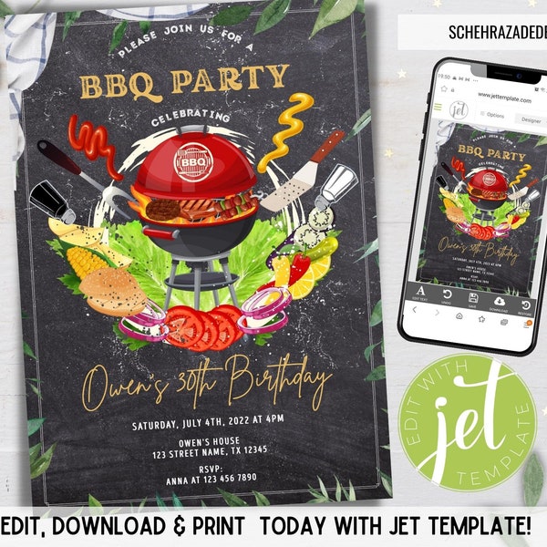 Editable BBQ Birthday Invitation, Barbecue Invitation, Cookout Party Invite, Summer BBQ Party Invitation, Instant Download, Digital File