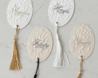 Oval Embossed Place Cards with Tassels | Personalised Guest Names | Name Card