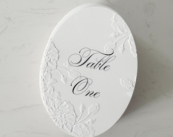 Oval Embossed Table Numbers | Embossed Floral Design | 400gsm Hammer Texture Paper