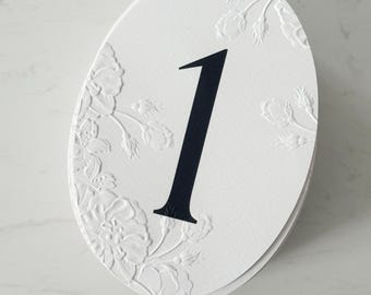 Oval Embossed Table Numbers | Embossed Floral Design | 400gsm Hammer Texture Paper