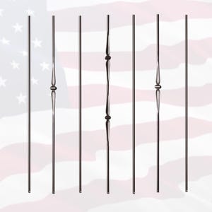 May include: A collection of decorative metal balusters with a dark finish. Some balusters have a simple, straight design, while others feature ornate, elongated shapes with decorative elements. The background shows the American flag.