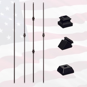 May include: Four black metal balusters with decorative finials and three black metal baluster bases. The balusters are approximately 36 inches long.