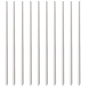 May include: A collection of eleven white, cylindrical poles, evenly spaced and vertically aligned against a white background. Each pole has a slightly textured surface and a small, rounded base. The overall impression is clean and minimalist.