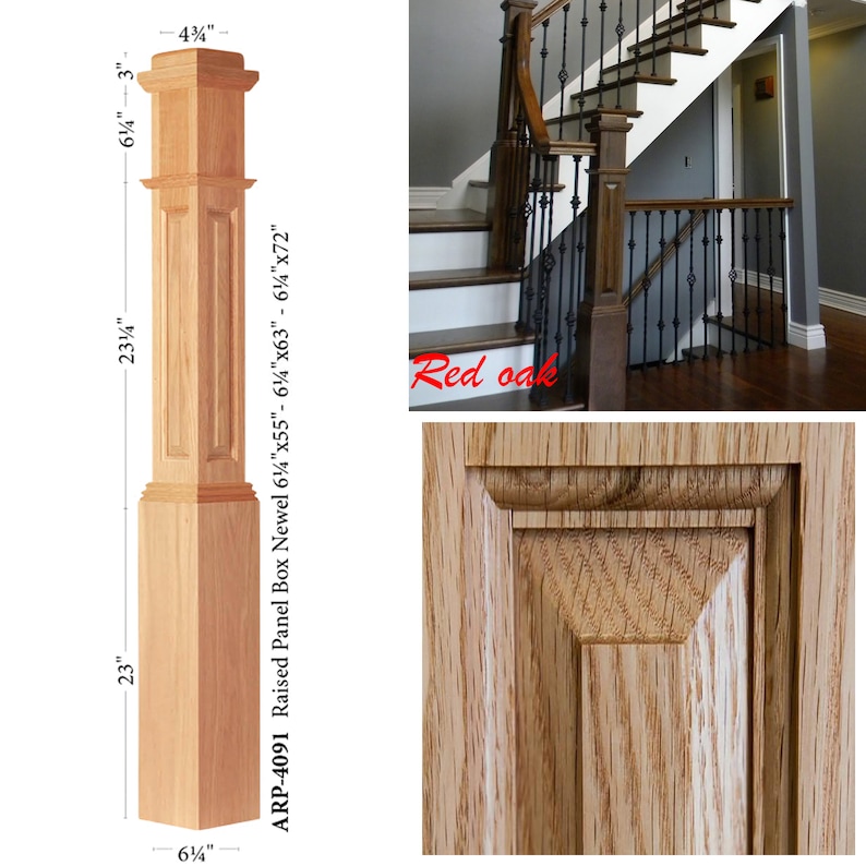 Box Newel Post Oak/Poplar American Made Stair Railing Newel Post for Traditional Style Hardwood Stair Handrail Raised Panel 6.25"