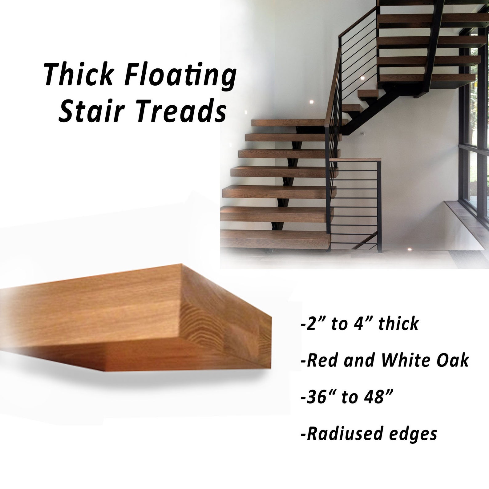 Thick Red and White Oak Floating Stair Treads: Modern Open Riser Steps ...