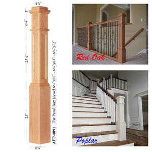Box Newel Post Oak/Poplar American Made Stair Railing Newel Post for Traditional Style Hardwood Stair Handrail Flat Panel 6.25"