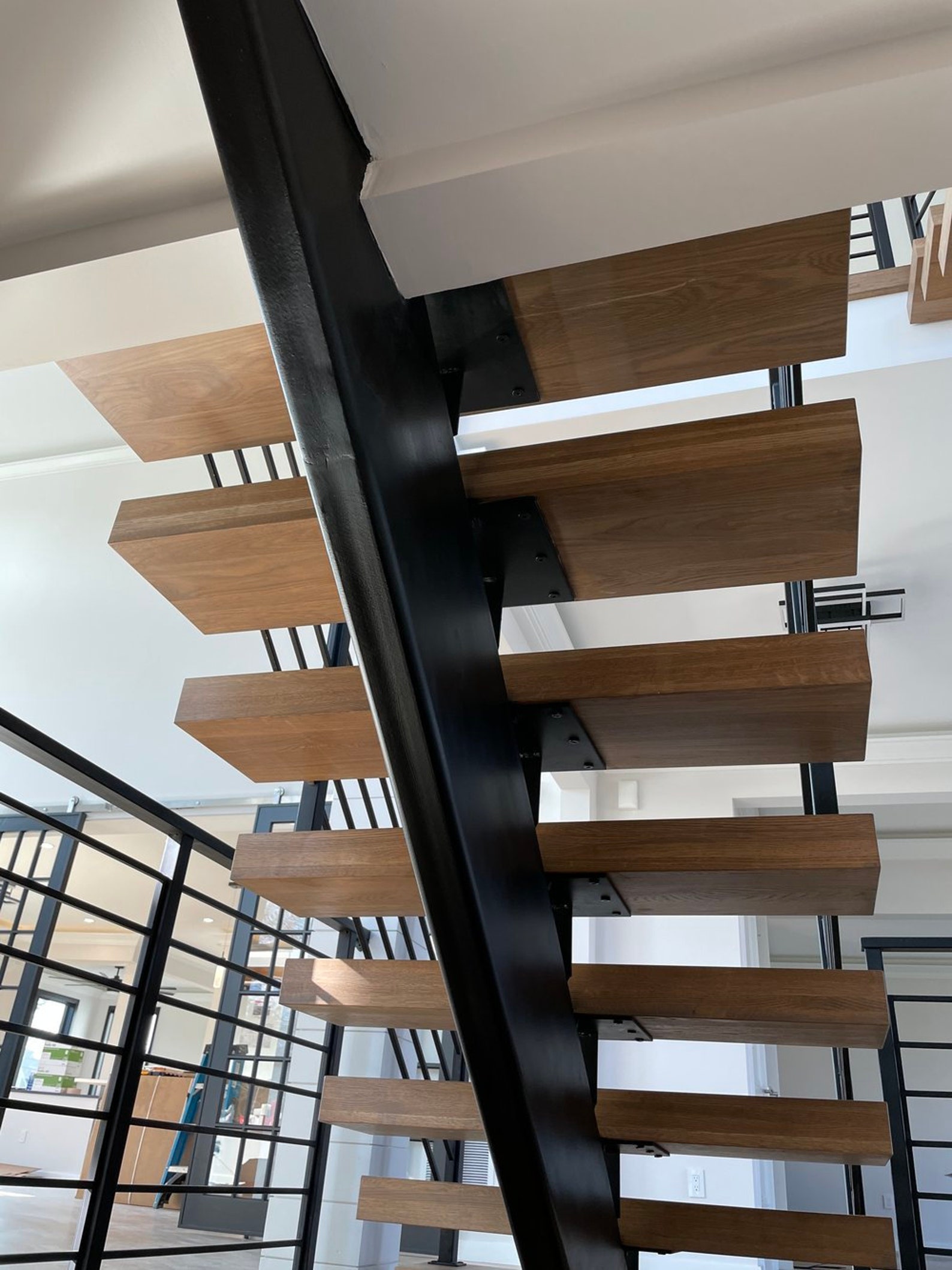 Battered Riser Steps Thick Red and White Oak Floating Stair Treads: Modern Open Riser Steps ...