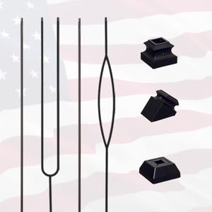 May include: Five black metal balusters for a railing, including a straight, a curved, and three different styles of square bases.
