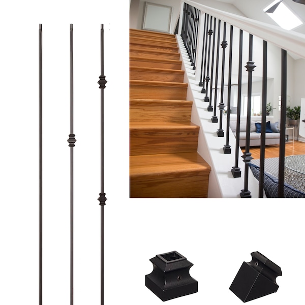 Iron Balusters (10 pack) -1/2" Metal Spindles-Satin Black Modern Knuckle Hollow Core- Wrought Iron Stair Balusters For Stairs. Stair Railing
