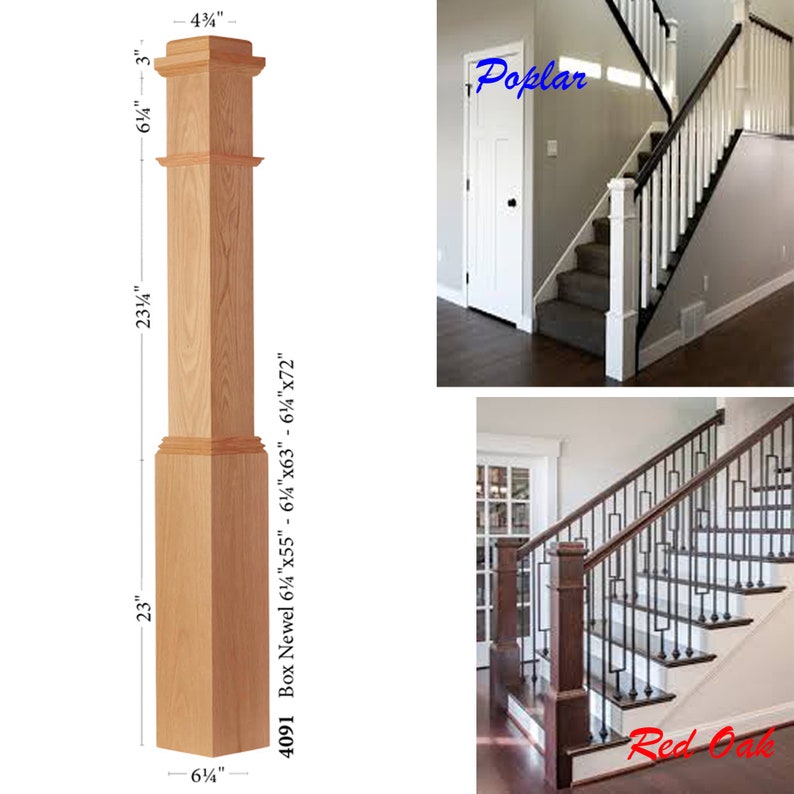 Box Newel Post Oak/Poplar American Made Stair Railing Newel Post for Traditional Style Hardwood Stair Handrail Plain 6.25"