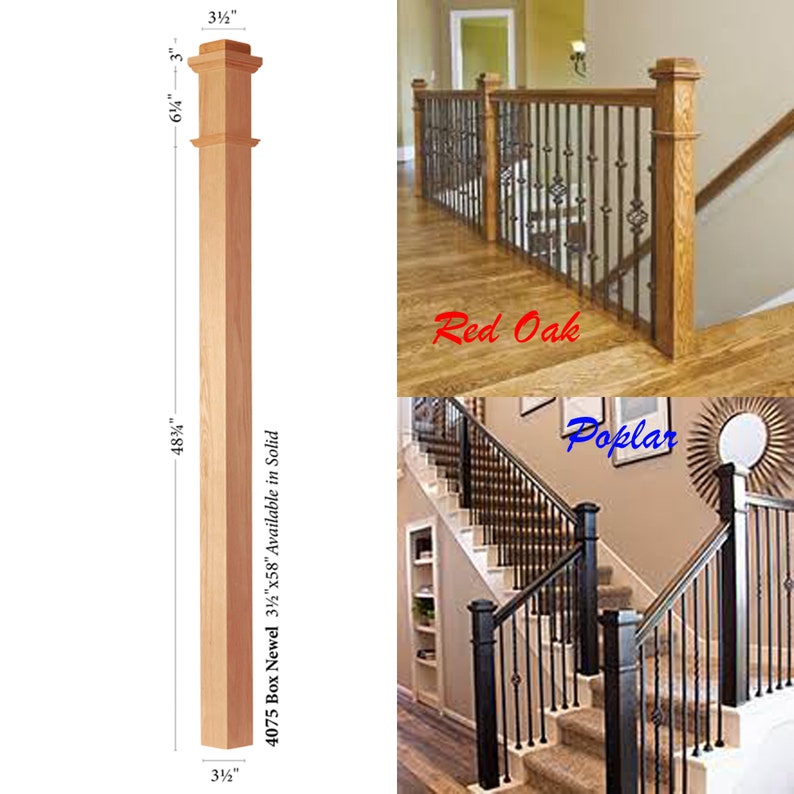 Box Newel Post Oak/Poplar American Made Stair Railing Newel Post for Traditional Style Hardwood Stair Handrail Plain 3.5"