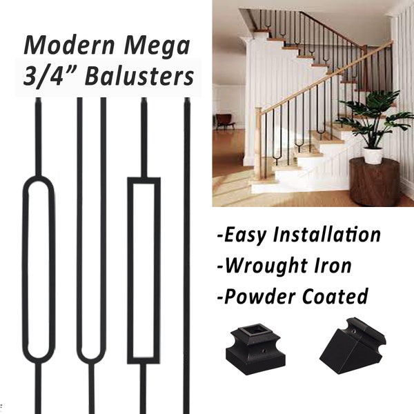 Square Iron Balusters Modern Contemporary Black Mega 3/4" Metal Stair Spindles Rectangles-Stair Railing  for Modern Style Stair handrail