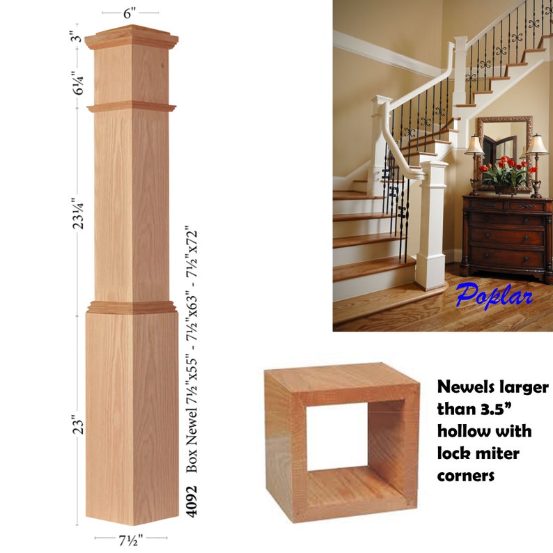 Box Newel Post Oak/Poplar American Made Stair Railing Newel Post for Traditional Style Hardwood Stair Handrail Plain 7.5"