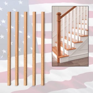 May include: Five unfinished, natural wood balusters for a staircase. The balusters are 36 inches tall and 1.5 inches wide. The balusters are shown against a red, white, and blue American flag background.