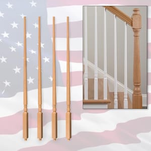 May include: Four wooden stair balusters with a turned design. The balusters are unfinished and ready to be stained or painted.