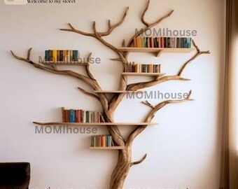 Customizable natural wood bookcase - small floating shelf for wall decor and personalized plant-inspired bookshelf decor .