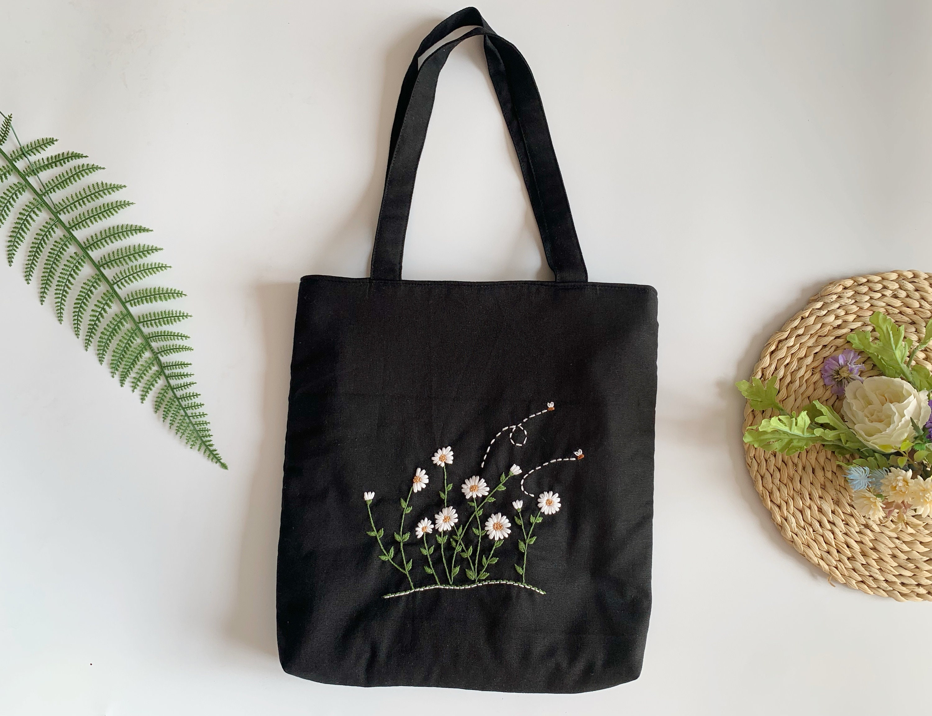 Black Linen Bag With Bird Ribbon Embroidery