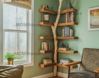 Solid wood bookcase with wooden floating shelf for home decoration, sturdy design, customized size .