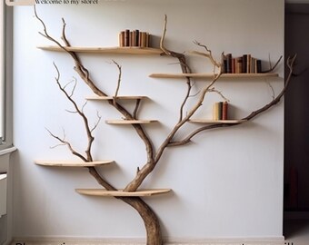 Handcrafted Natural Wood Tree Bookcase - Personalized Wall Mounted Floating Shelf for Unique Decor and Solid Wood Bookshelf Gift