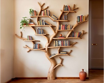 Tree bookshelf solid wood bookcase wall mount handmade furniture