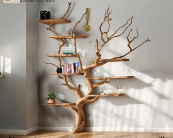 Handcrafted Natural Wood Tree Bookcase - Personalized Wall Mounted Floating Shelf for Unique Decor and Solid Wood Bookshelf Gift