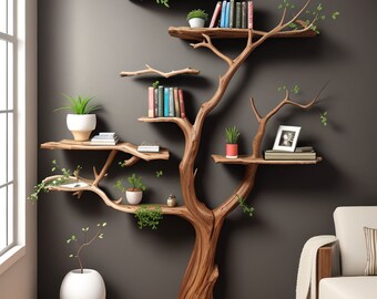 Solid wood bookcase floating bookshelf wall mount wood furniture handmade for home decor