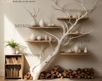 Customizable natural wood bookcase - small floating shelf for wall decor and personalized plant-inspired bookshelf decor.