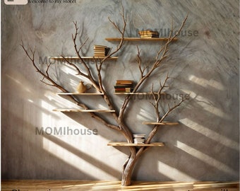 Art wall book tree branch shelf Solid wood bookcase wooden floating shelf for home decoration .
