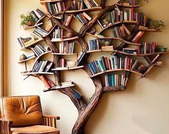 Personalization Made From Natural Wood Tree Decorative Wall Mounted Floating Bookshelf Solid Wood Bookcase Unique Housewarming Gift.