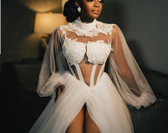 Corseted bridal robe made with tulle