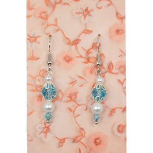 Delicate Blue and Pearl Dangle Earrings