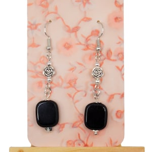 Black Square and Silver Rose Dangle Earrings