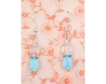 Light Blue and Crystal Silver Barrel Earrings