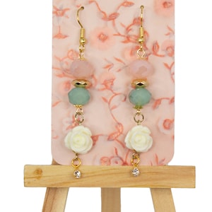 Pastel Pink and Green w/ White Rose Dangle Earrings