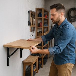 May include: A light-colored, rectangular, folding wall-mounted table with black metal brackets. The table is being installed on a white wall. A man in a denim shirt and khaki pants is installing the table. Shelves and tools are visible in the background.