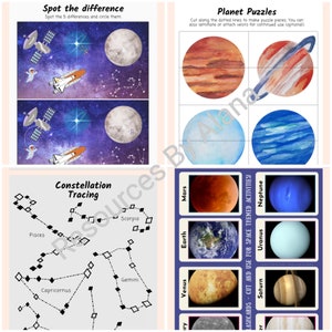 May include: Educational space-themed activity sheets. Includes a 'Spot the Difference' game, planet puzzles, and constellation tracing. Flashcards with planets and space-themed activities are also featured. Designed for educational use.