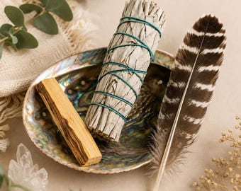Puede incluir: Un cuenco de concha de abulón iridiscente que contiene un atado de salvia blanca seca envuelto en hilo verde oscuro, un trozo rectangular de madera de palo santo marrón claro y una pluma larga a rayas marrones y blancas en el borde.