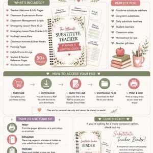 May include: A printable PDF digital kit for substitute teachers featuring a planner and survival guide. The document includes sections for lesson plans, classroom management, and reference pages, with a soft color palette of pink and sage green.