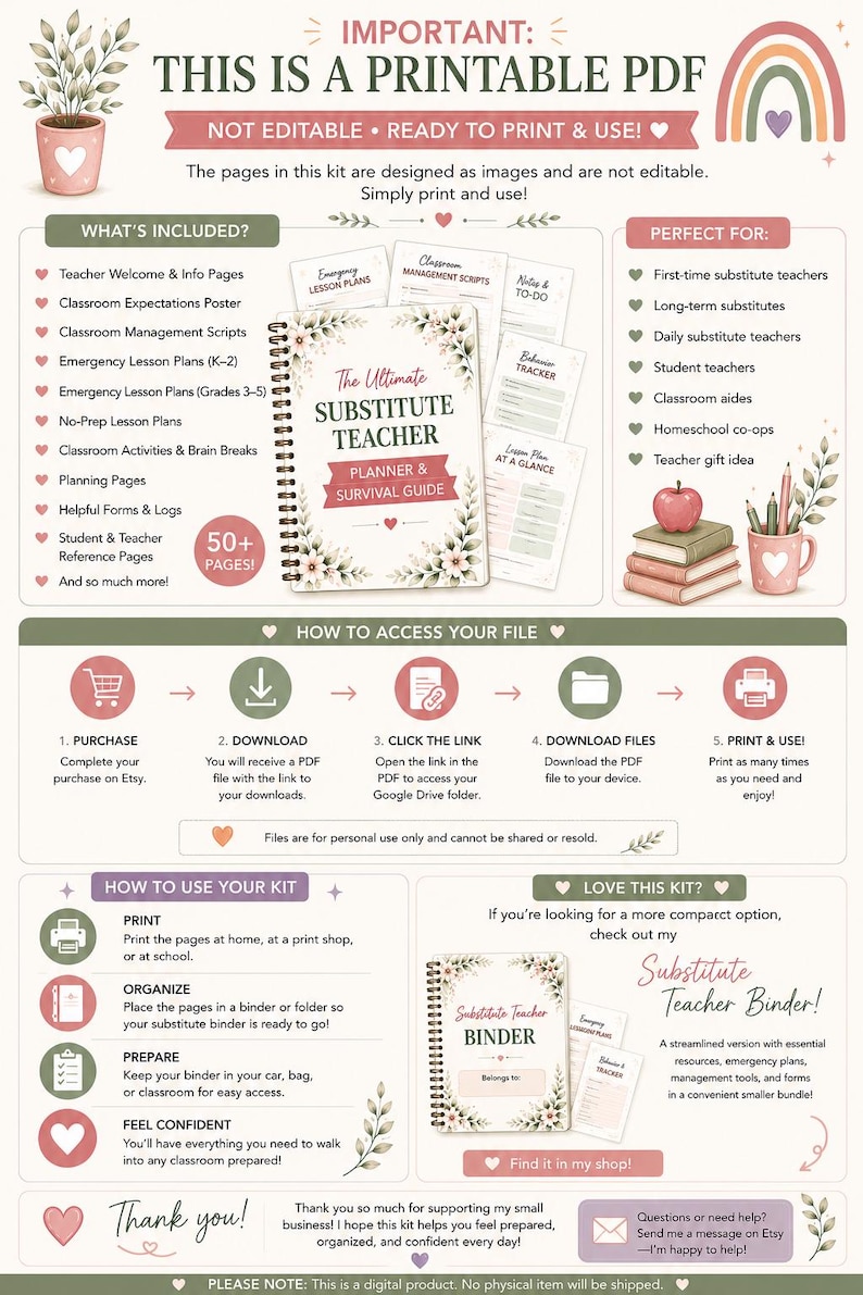 May include: A printable PDF digital kit for substitute teachers featuring a planner and survival guide. The document includes sections for lesson plans, classroom management, and reference pages, with a soft color palette of pink and sage green.