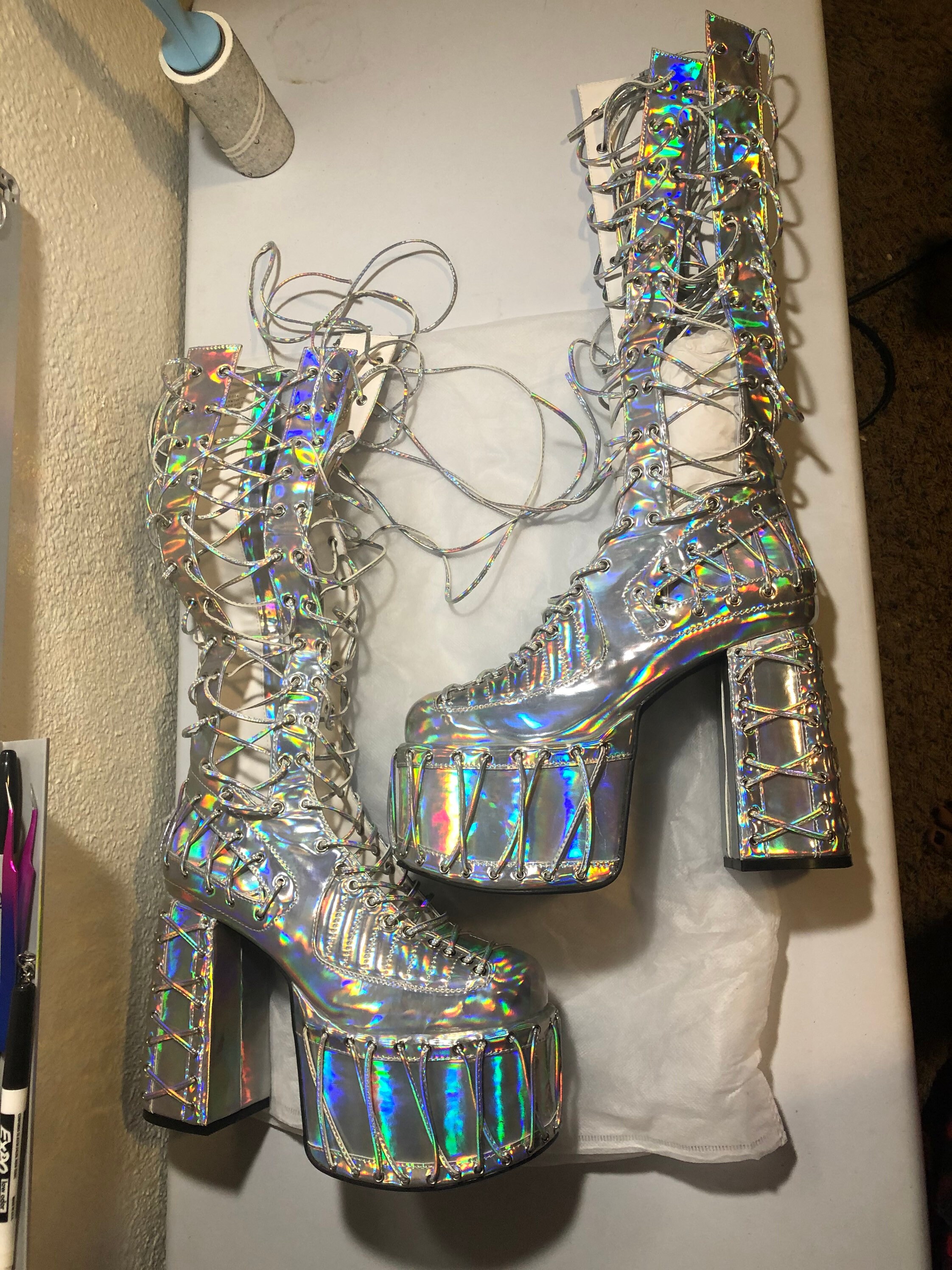 Holographic rainbow lace up platform heels raves Halloween | Etsy