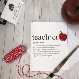 Handmade Teacher Greeting Card, Thank you teacher card, Teacher Thank you, End of School year card, Apple for teacher, Teacher definition