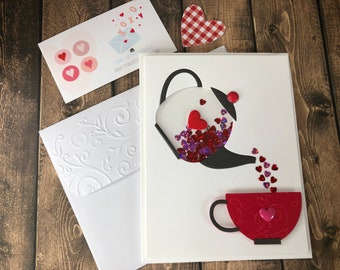 Handmade Valentine  SHAKER card, Valentine's Day Tea Card, Tea Lover, Cup of Tea, Teapot with hearts, Tea Drinker Card, Pun Valentine