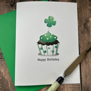 St. Patrick's Day Birthday Card, Can be PERSONALIZED, St. Patrick's Day cupcake, Shamrock cupcake, March Birthday Card, March 17 Birthday