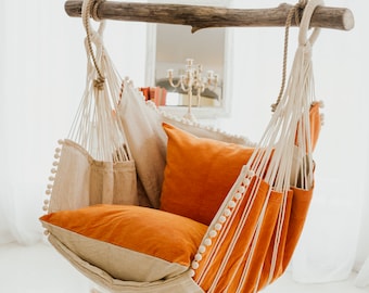 Hammock chair / orange and beige corduroy 100% cotton