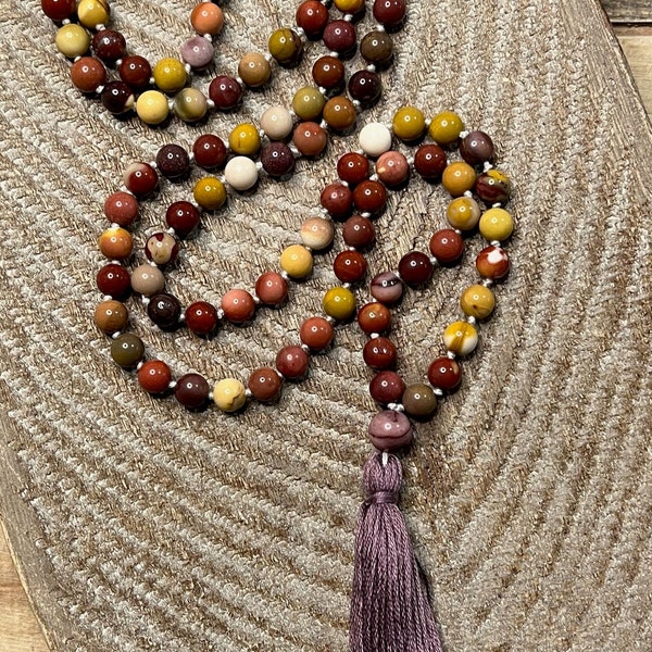 Jewel Toned Mookaite Mala for Grounding, Protection and Peace, 108 Bead Mookaite Necklace, Hand-Knotted Meditation Necklace Hand-Tied Tassel