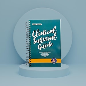 May include: A spiral-bound book titled "Clinical Survival Guide" with teal and yellow accents. The cover features white cursive text and additional text at the bottom. The book is on a light blue pedestal against a light blue backdrop.