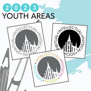 May include: Three circular logos with the words "Intellectual", "Physical", "Social", and "Spiritual" arranged around a black and white silhouette of a church building. The text "2023 Youth Areas" is at the top of the image.