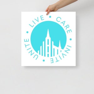 May include: White poster with a blue circle in the center. The circle has a white silhouette of a church building. The words "Live, Care, Invite, Unite" are written around the circle in a clockwise direction.